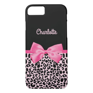 Girly Pink Black Leopard Print Cute Bow and Name iPhone 8/7 Case