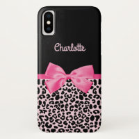 Girly Pink Black Leopard Print Cute Bow and Name