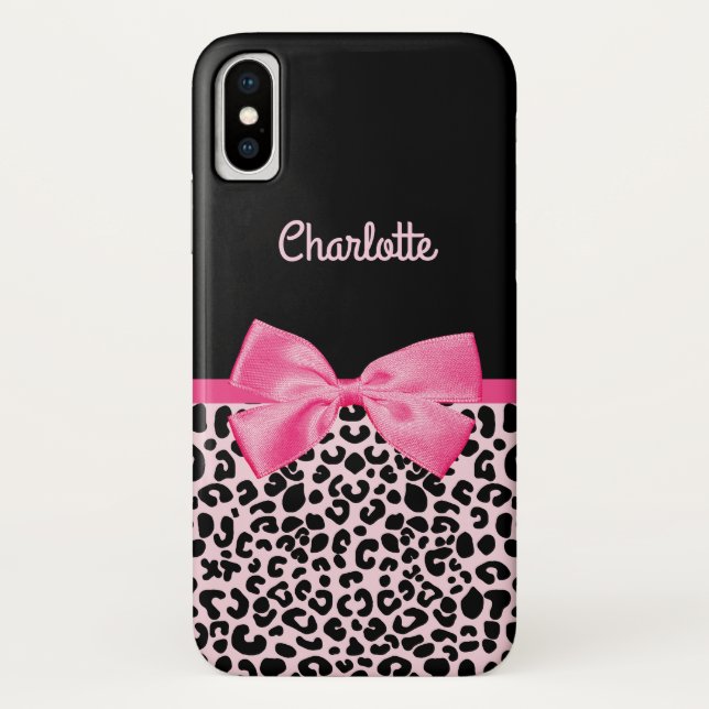 Girly Pink Black Leopard Print Cute Bow and Name Case-Mate iPhone Case (Back)