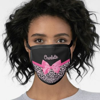 Girly Pink Black Leopard Print Cute Bow And Name Face Mask by ohsogirly at Zazzle
