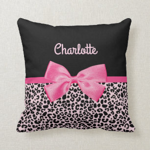 Girly Pink Black Leopard Print Cute Bow and Name Throw Pillow