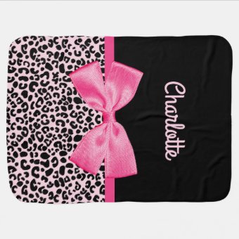 Girly Pink Black Leopard Print Cute Bow Baby Name Swaddle Blanket | Zazzle