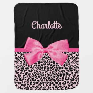 Girly Pink Black Leopard Print Cute Bow Baby Name Swaddle Blanket