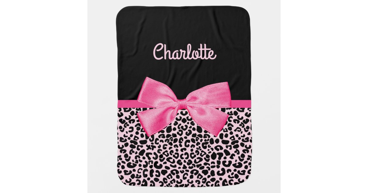 Girly Pink Black Leopard Print Cute Bow Baby Name Swaddle Blanket | Zazzle
