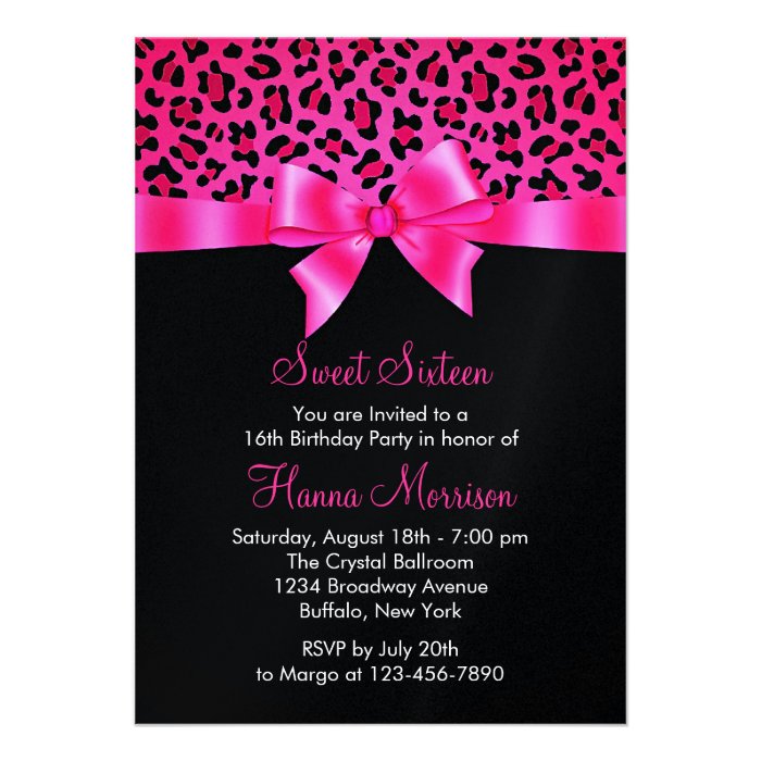 Girly Pink Black Leopard Print Elegant Sweet 16 Custom Invites