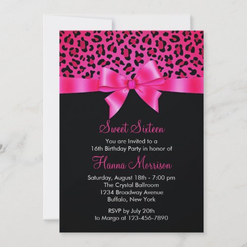Girly Pink Black Leopard Print Elegant Sweet 16 Custom Invites
