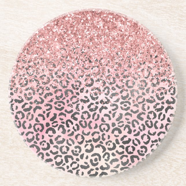  Girly Pink Black Leopard Print Glitter       Coaster (Front)