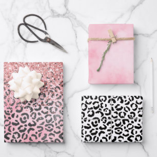 Girly Pink Black Leopard Print Glitter Wrapping Paper Sheets