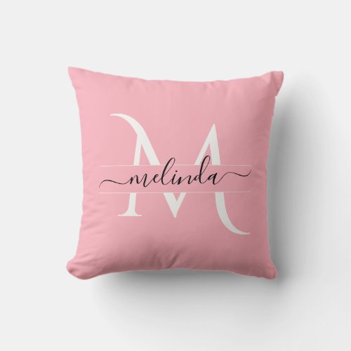 Girly  Pink Black Monogram Calligraphy Name Throw Pillow