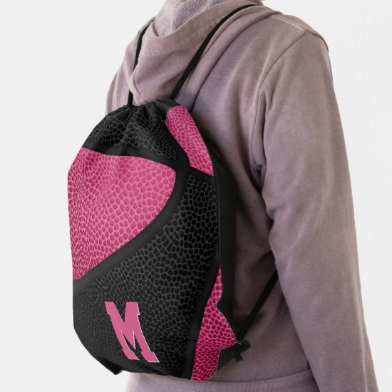 girly pink black monogrammed basketball drawstring bag