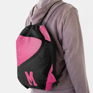 girly pink black monogrammed basketball drawstring bag