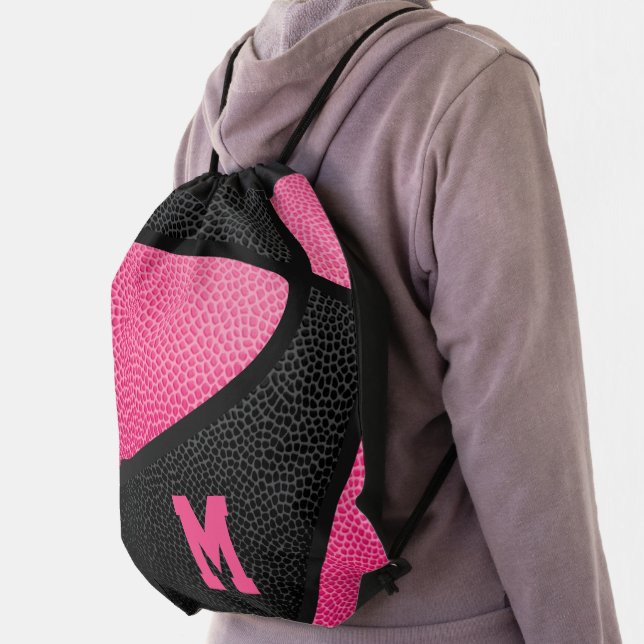 girly pink black monogrammed basketball drawstring bag (Insitu)