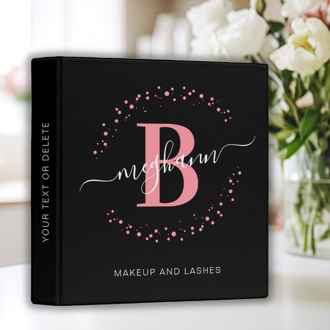 Girly Pink Black Name Monogram Beauty Salon 3 Ring Binder (Creator Uploaded)
