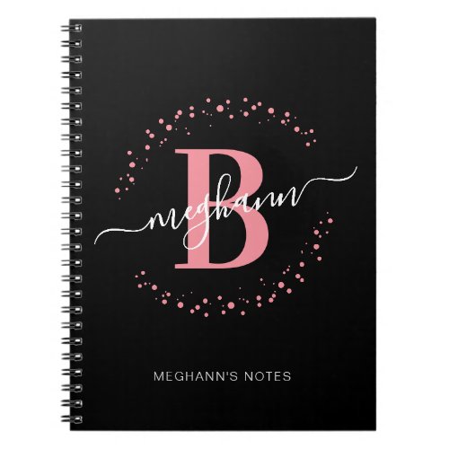 Girly Pink Black Name Script Monogram School Noteb Notebook