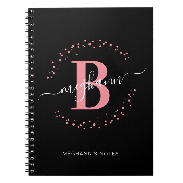 Girly Pink Black Name Script Monogram School Noteb Notebook (Front)