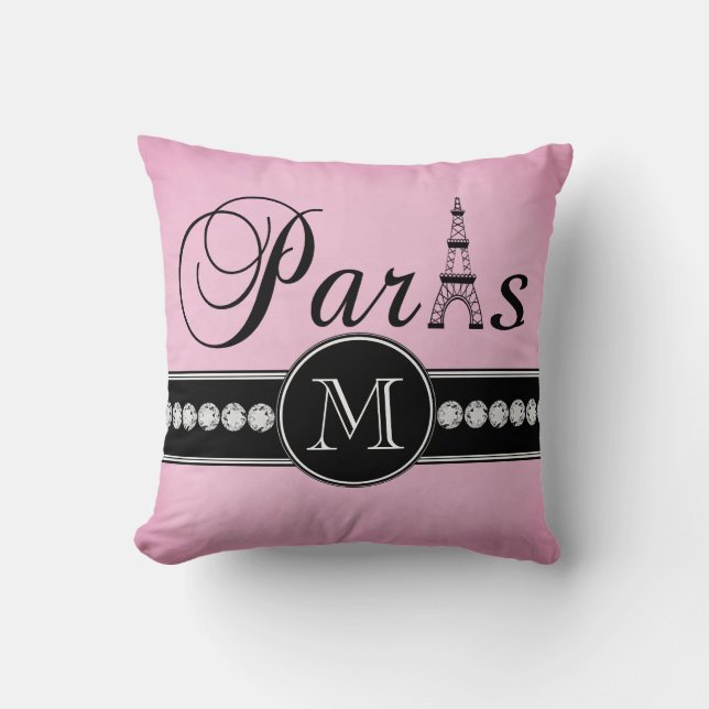 Girly Pink Black Paris Monogrammed Throw Pillow (Front)