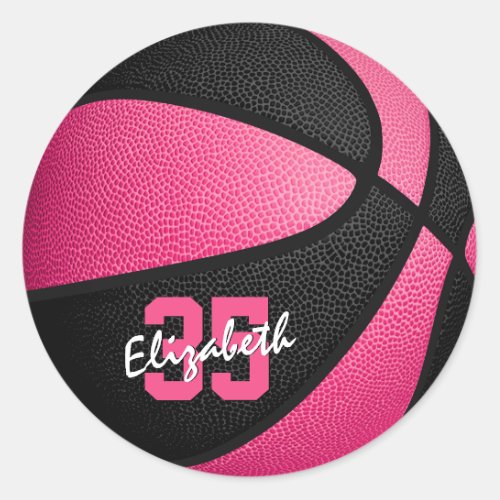 girly pink black personalized basketball classic round sticker