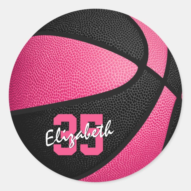 girly pink black personalized basketball classic round sticker (Front)