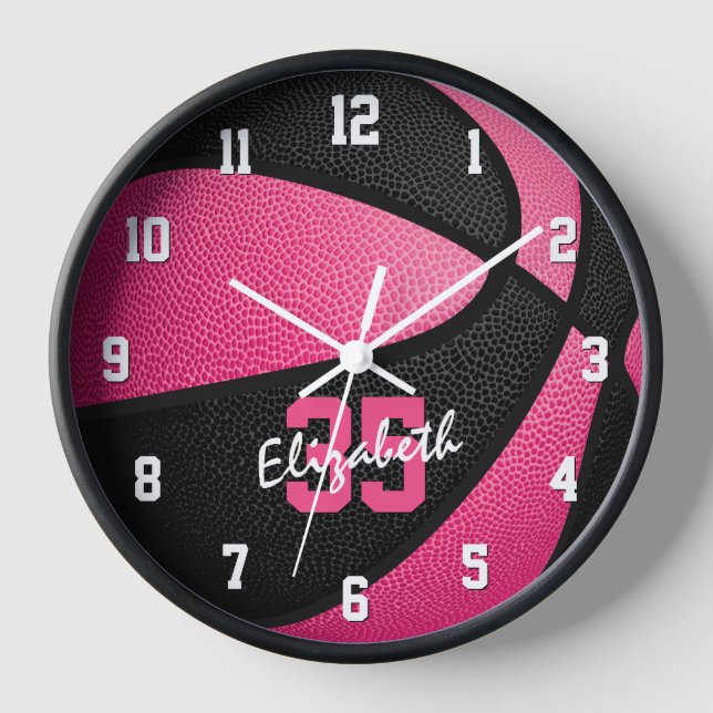 girly pink black personalized basketball clock (Front)