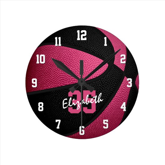 girly pink black personalized basketball round clock