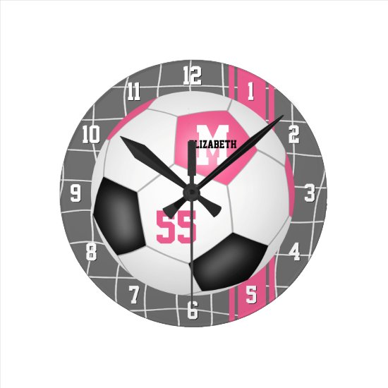 girly pink black personalized soccer round clock