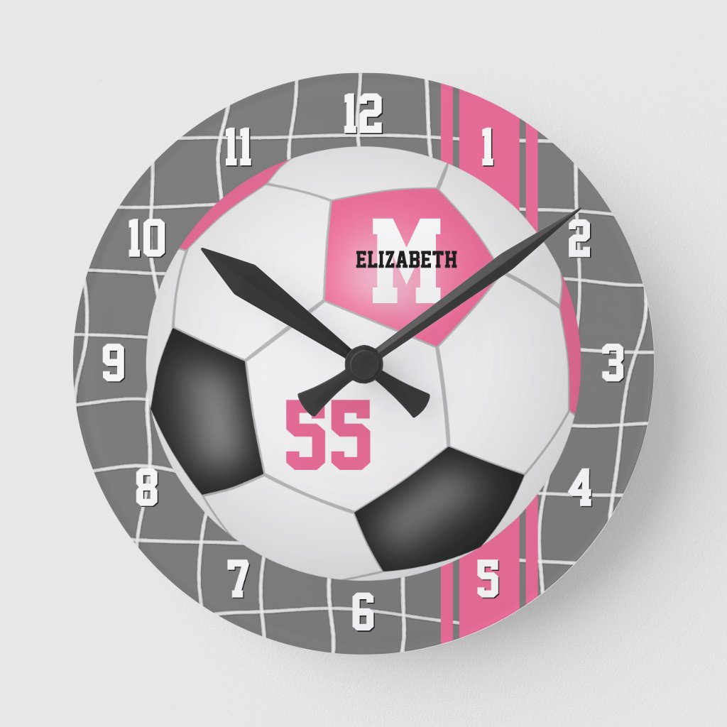 girly pink black personalized soccer round clock
