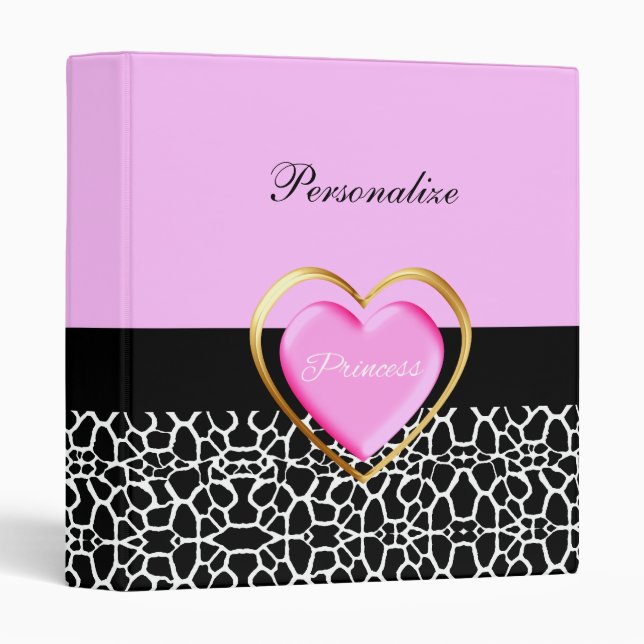 Girly Pink Black Princess Giraffe Print and Name Binder (Front/Spine)