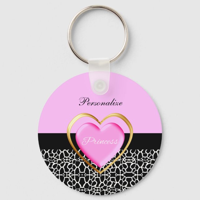 Girly Pink Black Princess Giraffe Print and Name Keychain (Front)