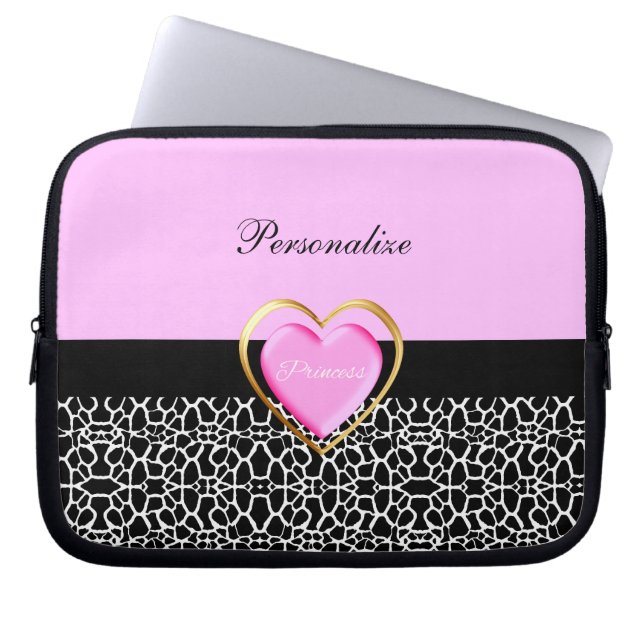 Girly Pink Black Princess Giraffe Print and Name Laptop Sleeve (Front)