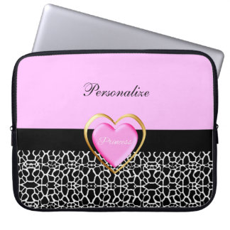 Girly Pink Black Princess Giraffe Print and Name Laptop Sleeve