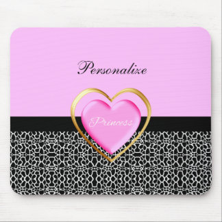 Girly Pink Black Princess Giraffe Print and Name Mouse Pad