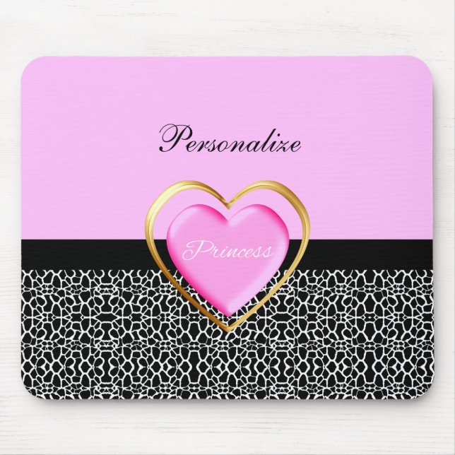 Girly Pink Black Princess Giraffe Print and Name Mouse Pad (Front)