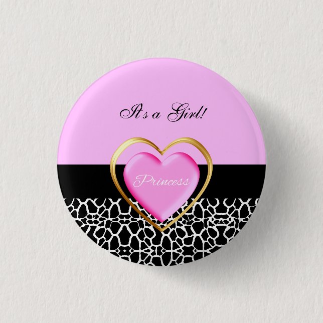 Girly Pink Black Princess Giraffe Print and Name Pinback Button (Front)