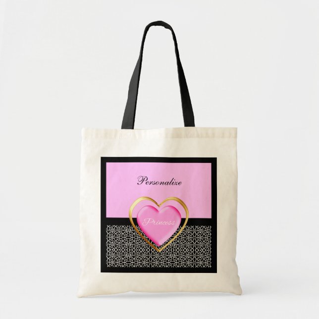 Girly Pink Black Princess Giraffe Print and Name Tote Bag (Front)