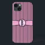 Girly Pink Black Retro Striped Monogram Pattern iPhone 13 Case<br><div class="desc">This cute, girly, slightly retro design shows pink, light pink and black stripes and a space that you can personalize / customize. Just add your own monogram / initial in the "Personalize It" field. The squared font gives the monogram a slightly art deco look. This is a bright, colorful, pretty,...</div>