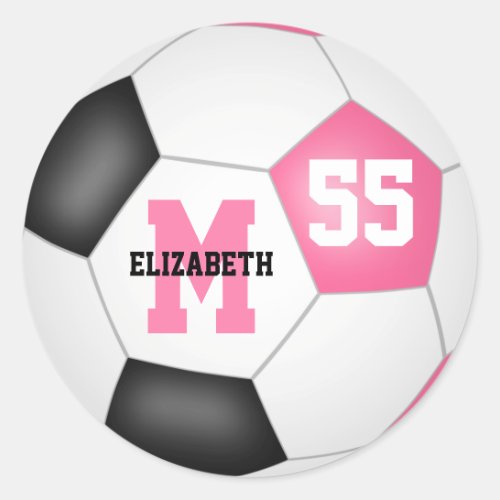 girly pink black soccer ball personalized classic round sticker