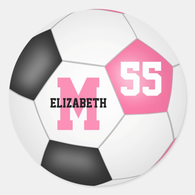 girly pink black soccer ball personalized classic round sticker (Front)