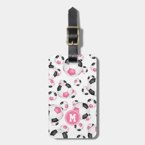 girly pink black soccer balls pattern monogrammed luggage tag