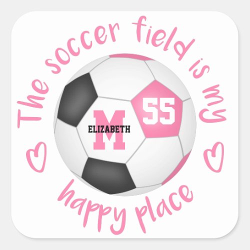 girly pink black soccer field is my happy place square sticker