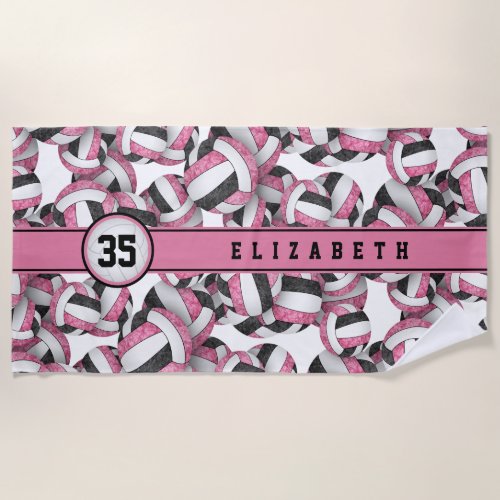 Girly pink black volleyballs w name jersey number beach towel