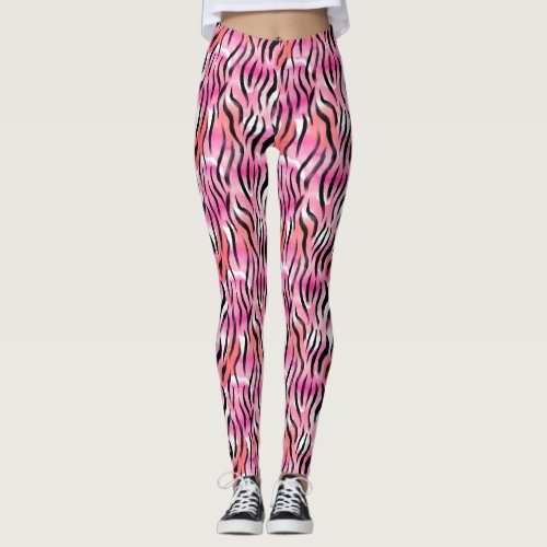 Girly Pink Black White Animal Print Leggings