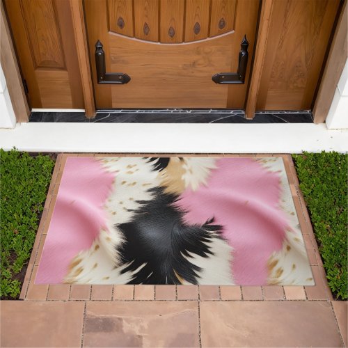 Girly Pink Black White Gold Cowhide Doormat