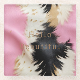 Girly Pink Black White Gold Cowhide Glass Coaster