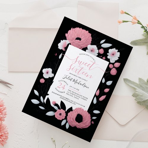 Girly Pink Black White Ranunculus Floral Sweet 16 Invitation