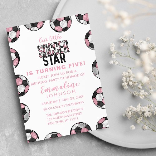 Girly Pink Black White Soccer Balls Birthday Party Invitation Postcard