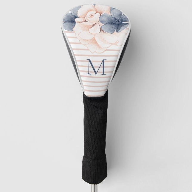 Girly Pink Blue Floral Monogram Striped Golf Head Cover (Front)
