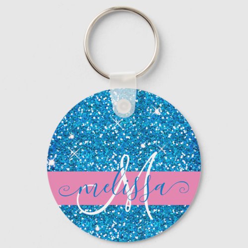 Girly Pink Blue Glitter Sparkles Monogram Name Keychain