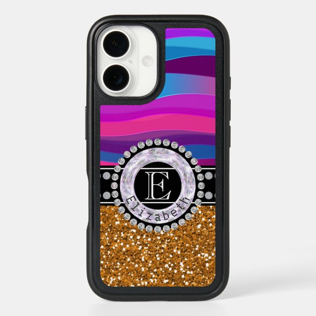 Girly Pink Blue, Gold Glitter, Diamonds, Monogram Otterbox iPhone Case (Back)