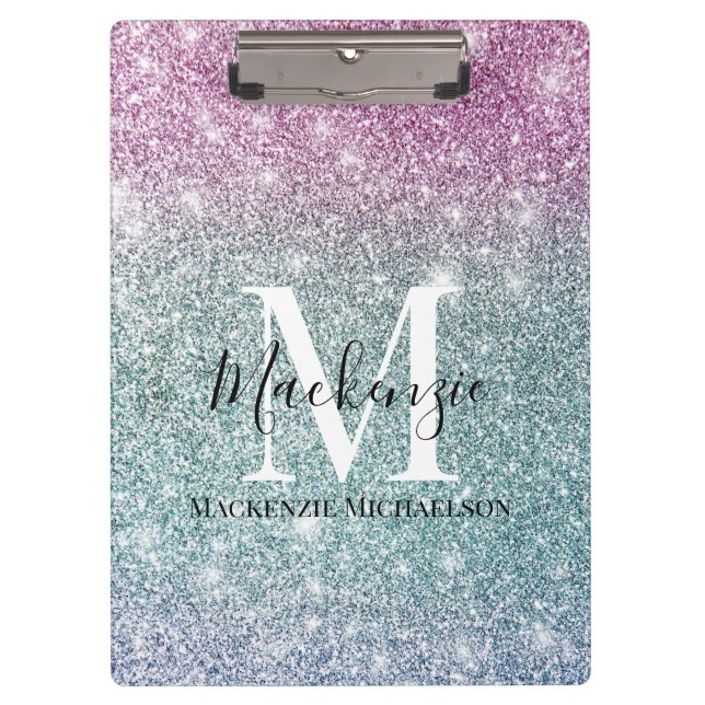 Girly Pink Blue Purple Glitter Monogram Name   Clipboard (Front)