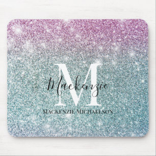 Girly Pink Blue Purple Glitter Monogram Name Mouse Pad
